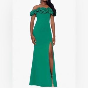 Dillards XSCAPE Off-the-Shoulder Cap Sleeve Mermaid Ruffle Thigh High Slit Crepe